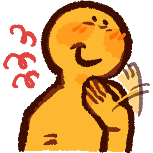 yellow smiling figure leaning to the side and flapping their hand under their chin. red curly lines emphasis are on the side